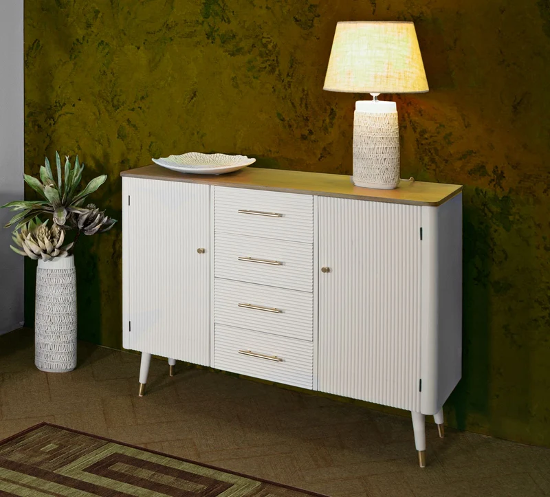 Mobile credenza in legno bianco top naturale maniglie oro cm 117x37x90h