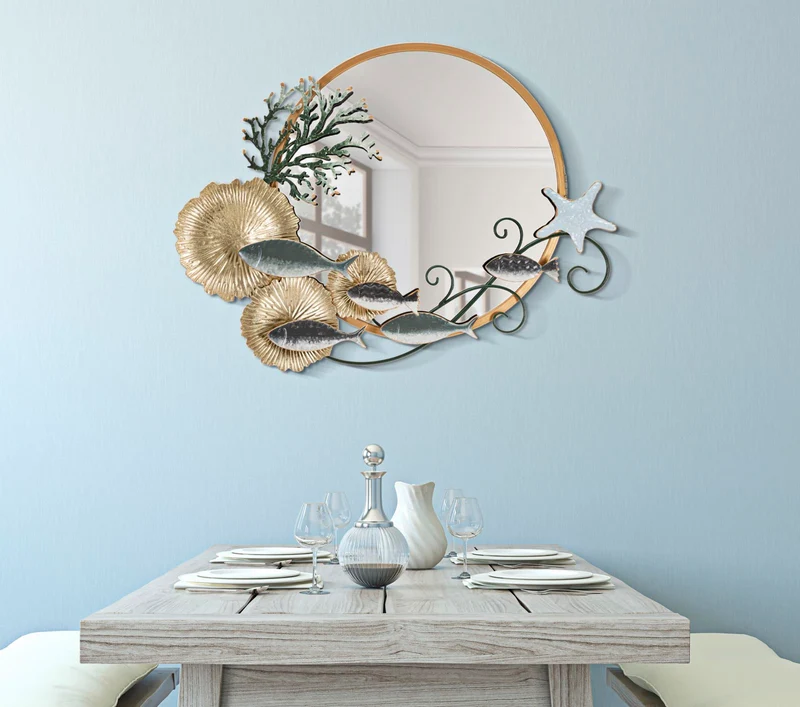 Specchio da parete tondo cornice in metallo dorato con pesciolini cm 89x7x65h