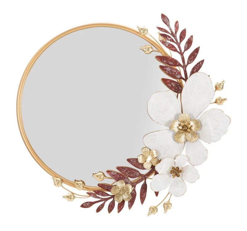 Specchio rotondo da muro in metallo dorato con fiori rosso e bianco cm 75x7x72h