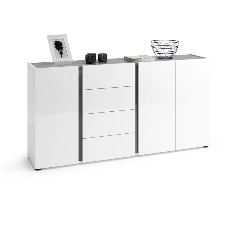 Madia zona giorno bianco lucido 3 ante 4 cassetti dettagli antracite cm 180x38x92h