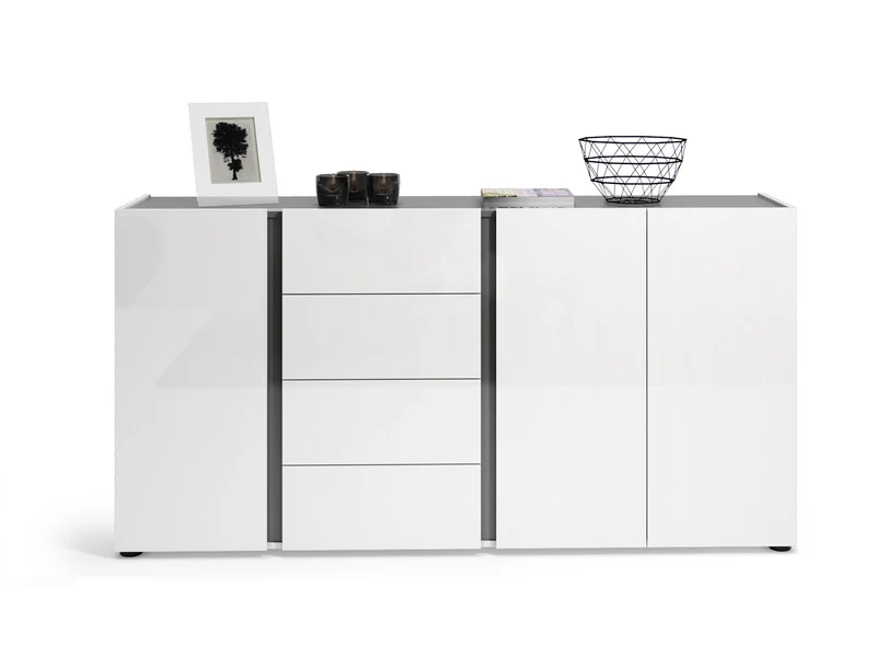 Madia zona giorno bianco lucido 3 ante 4 cassetti dettagli antracite cm 180x38x92h