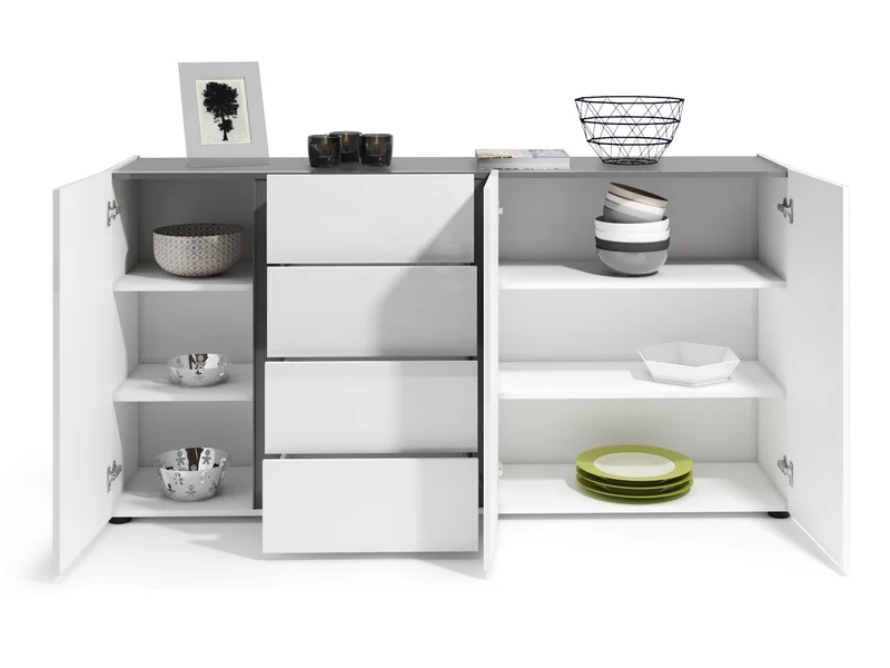 Madia zona giorno bianco lucido 3 ante 4 cassetti dettagli antracite cm 180x38x92h