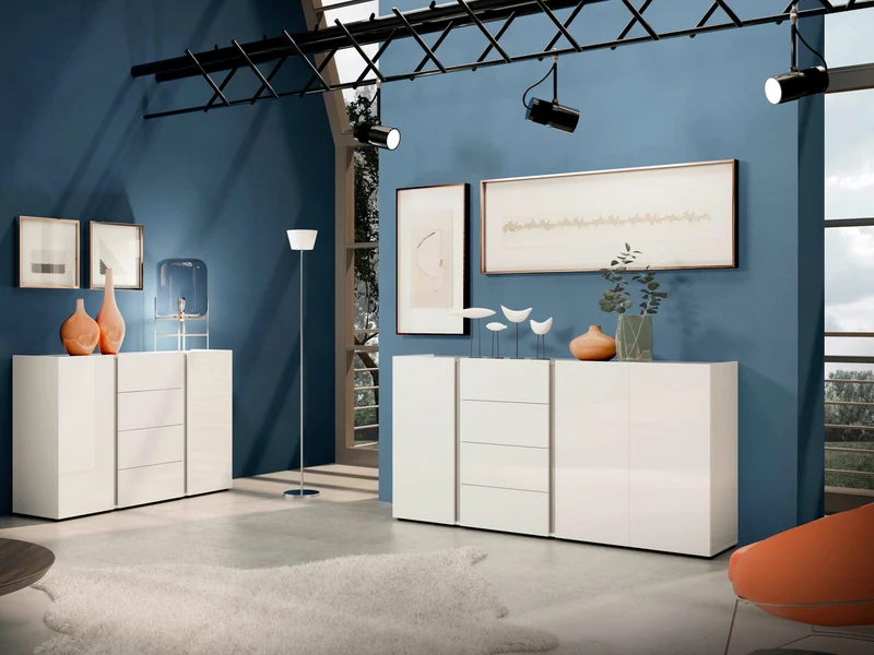 Madia zona giorno bianco lucido 3 ante 4 cassetti dettagli antracite cm 180x38x92h