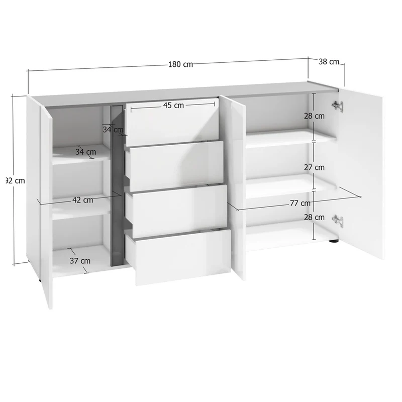 Madia zona giorno bianco lucido 3 ante 4 cassetti dettagli antracite cm 180x38x92h