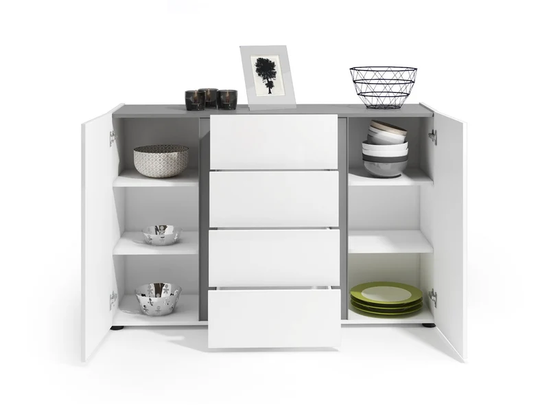 Credenza moderna 2 ante 4 cassetti laccato bianco inserto antracite cm 140x38x92h