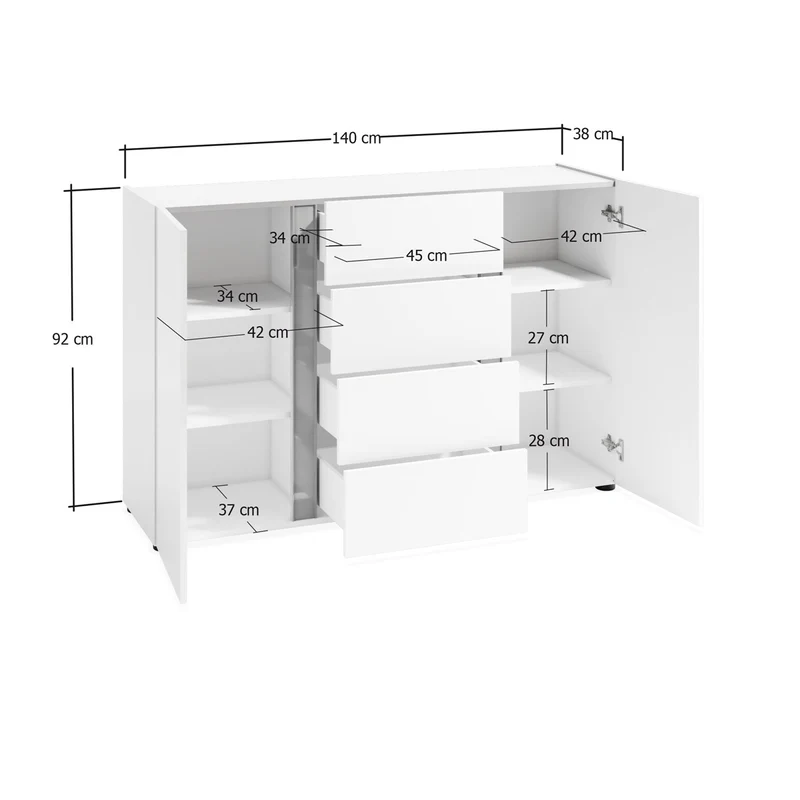 Credenza moderna 2 ante 4 cassetti laccato bianco inserto antracite cm 140x38x92h