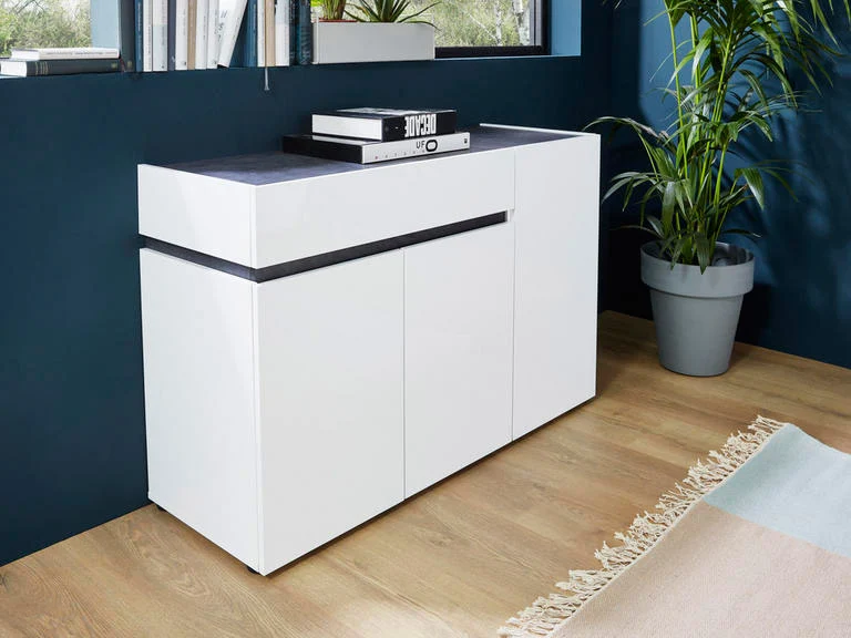 Mobile living moderno 3 ante e cassetto bianco lucido inserti ardesia cm 120x42x80h
