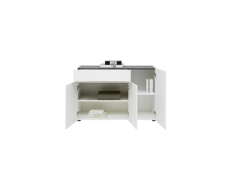Mobile living moderno 3 ante e cassetto bianco lucido inserti ardesia cm 120x42x80h