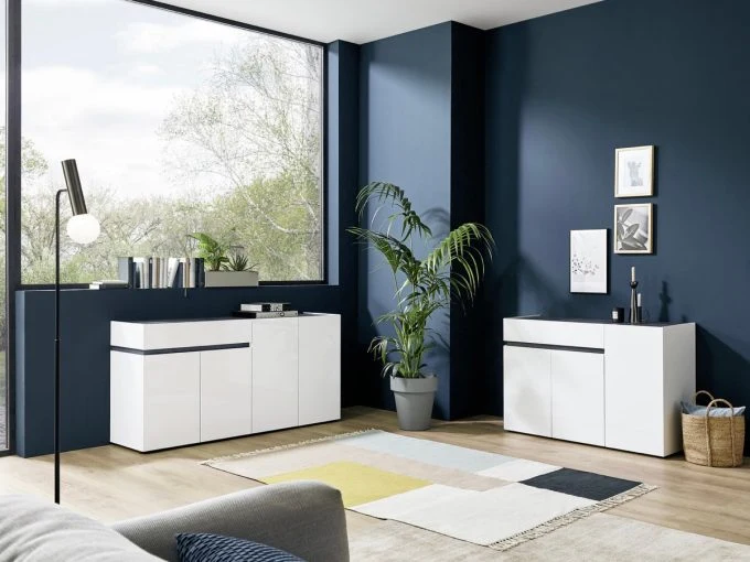 Mobile living moderno 3 ante e cassetto bianco lucido inserti ardesia cm 120x42x80h
