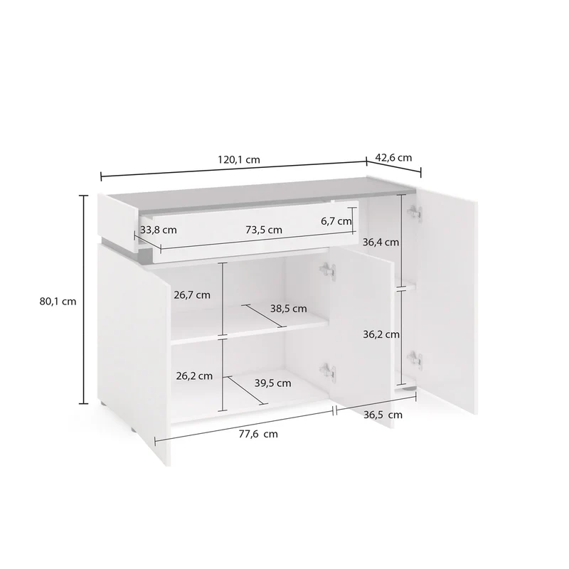 Mobile living moderno 3 ante e cassetto bianco lucido inserti ardesia cm 120x42x80h