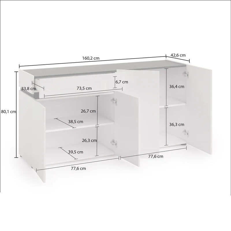 Madia design 4 ante e cassetto bianco con inserti ardesia cm 160x42x80h