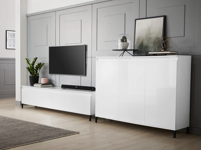 Credenza living mobile alto moderno 3 ante bianco lucido cm 138x40x110h - vari colori