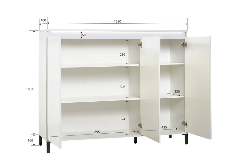 Credenza living mobile alto moderno 3 ante bianco lucido cm 138x40x110h - vari colori