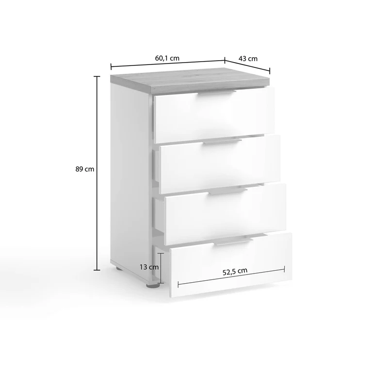 Cassettiera per camera 4 cassetti bianco lucido con top rovere cm 60x43x89h