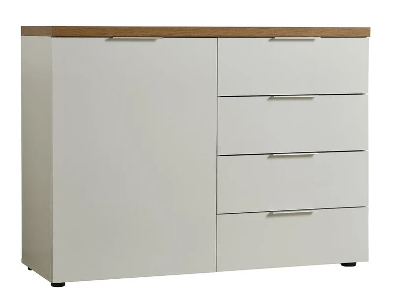 Credenza soggiorno moderna anta e cassetti bianco lucido top rovere cm 120x43x89h