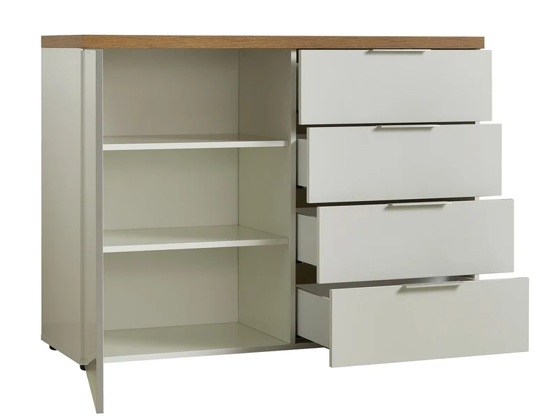 Credenza soggiorno moderna anta e cassetti bianco lucido top rovere cm 120x43x89h