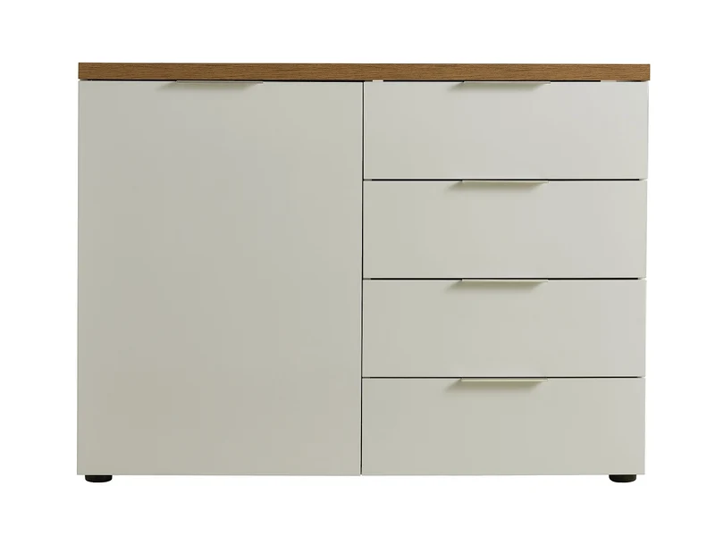 Credenza soggiorno moderna anta e cassetti bianco lucido top rovere cm 120x43x89h