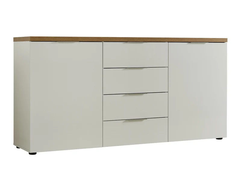 Credenza moderna 2 ante e 4 cassetti bianco lucido top rovere cm 180x43x89h