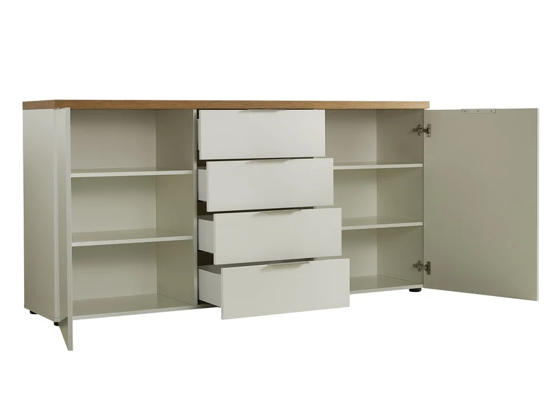 Credenza moderna 2 ante e 4 cassetti bianco lucido top rovere cm 180x43x89h