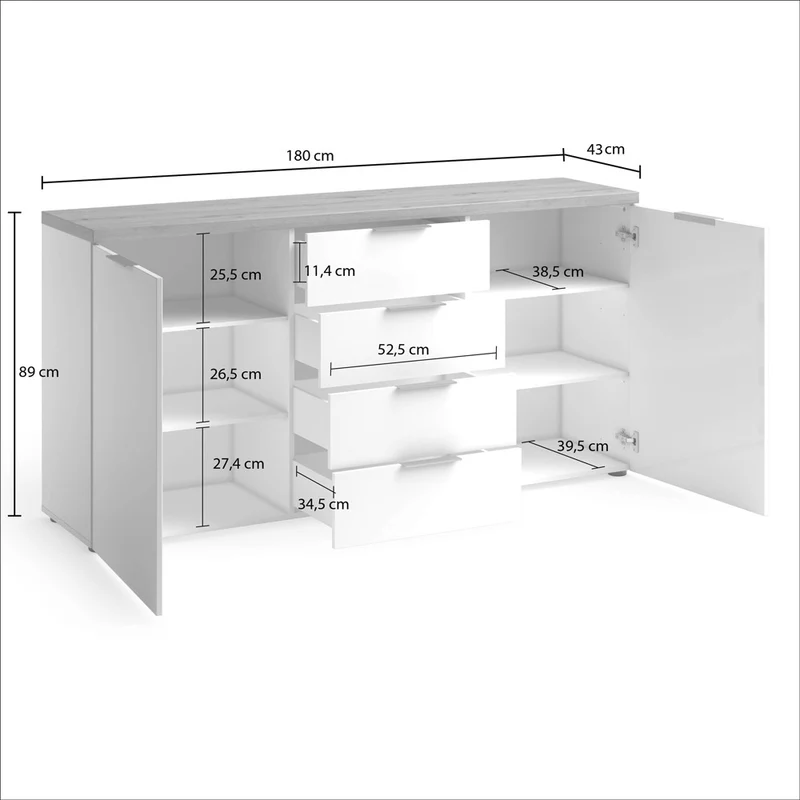 Credenza moderna 2 ante e 4 cassetti bianco lucido top rovere cm 180x43x89h