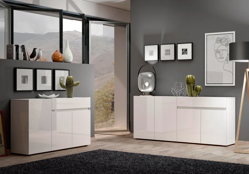 Mobile living moderno 3 ante e cassetto colore bianco lucido cm 135x38x79h