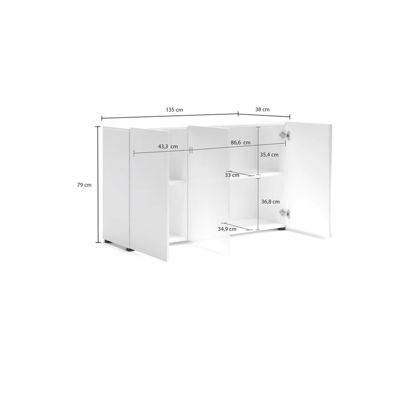 Madia 3 ante zona giorno moderna colore bianco lucido cm 135x38x79h