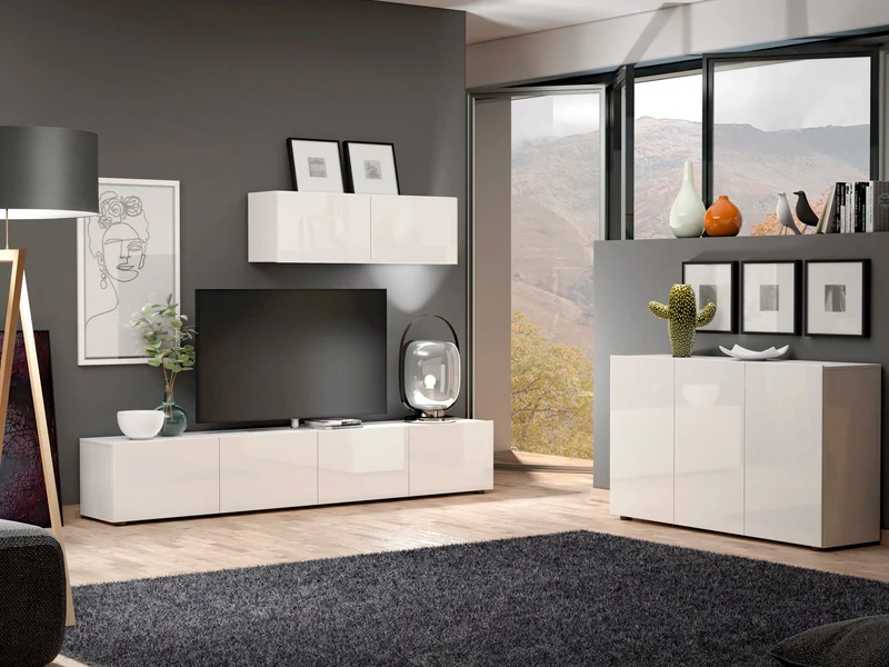 Soggiorno moderno set madia e parete attrezzata colore bianco lucido