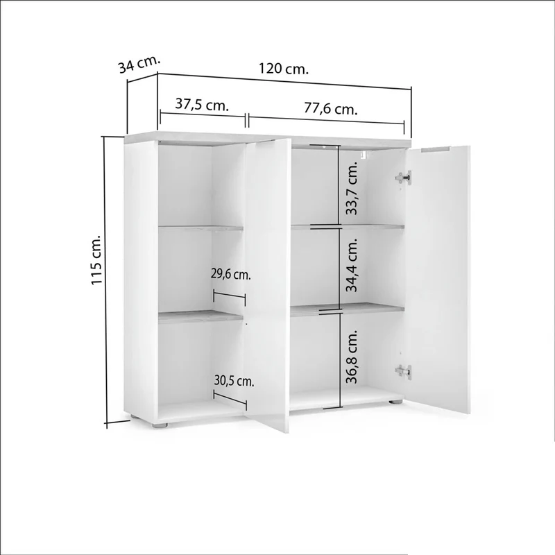 Mobile con ante e vani per ufficio moderno bianco lucido e rovere cm 120x34x115h