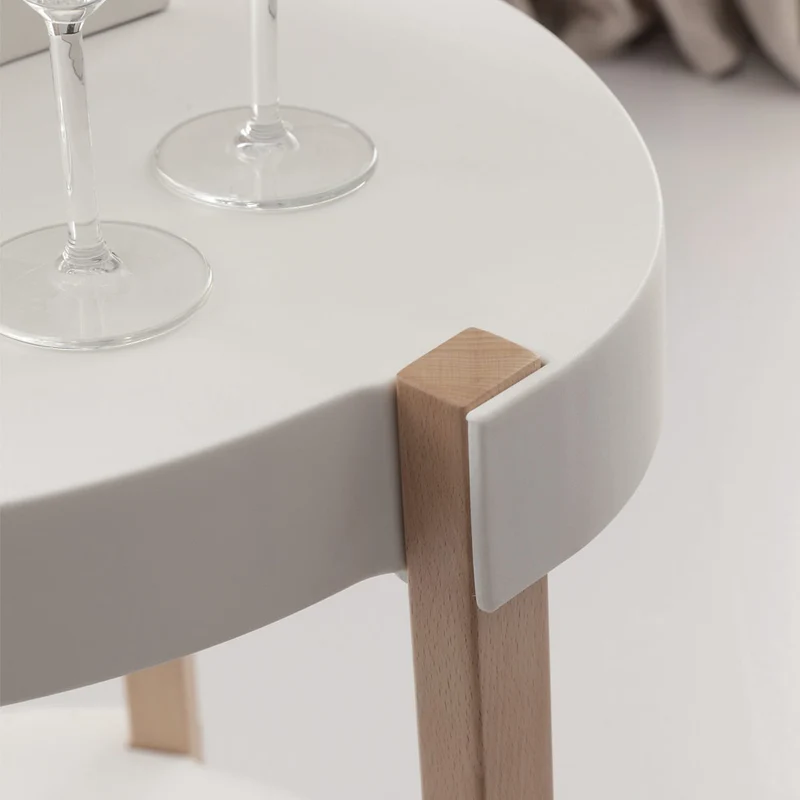 Tavolino tondo con ruote supporti in faggio naturale piano bianco cm 55x62h