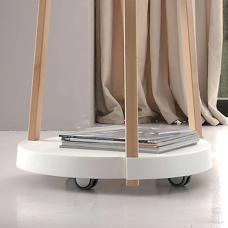 Tavolino tondo con ruote supporti in faggio naturale piano bianco cm 55x62h