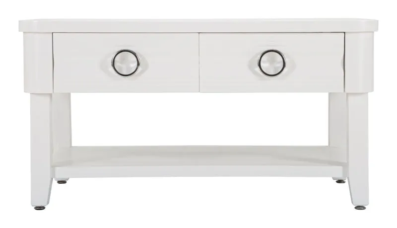 Tavolino da caffè 2 cassetti lavorati e ripiano in legno bianco cm 90x60x47h