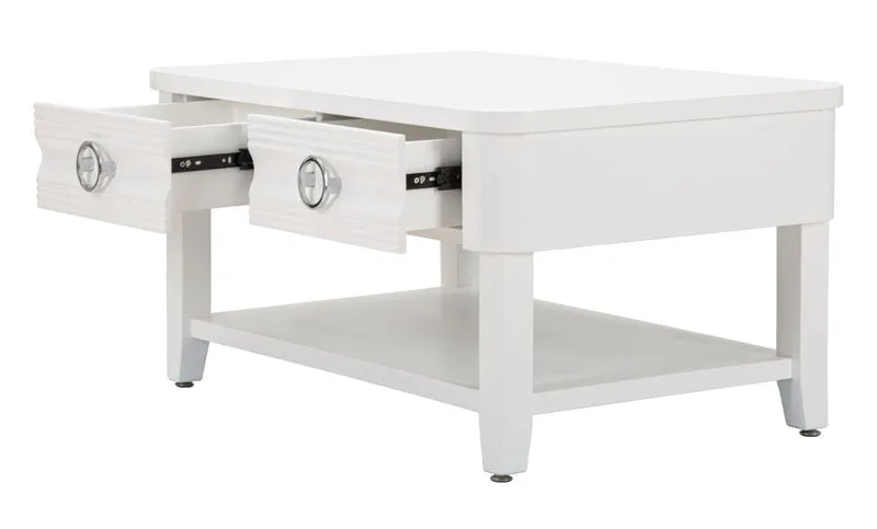 Tavolino da caffè 2 cassetti lavorati e ripiano in legno bianco cm 90x60x47h