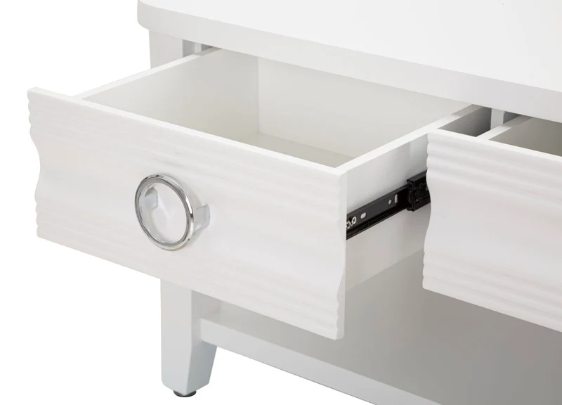 Tavolino da caffè 2 cassetti lavorati e ripiano in legno bianco cm 90x60x47h