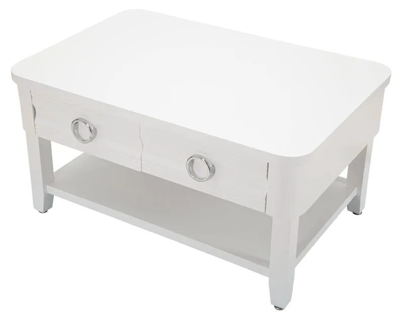 Tavolino da caffè 2 cassetti lavorati e ripiano in legno bianco cm 90x60x47h