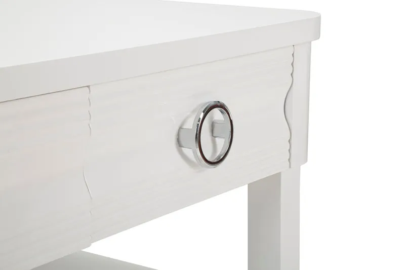 Tavolino da caffè 2 cassetti lavorati e ripiano in legno bianco cm 90x60x47h