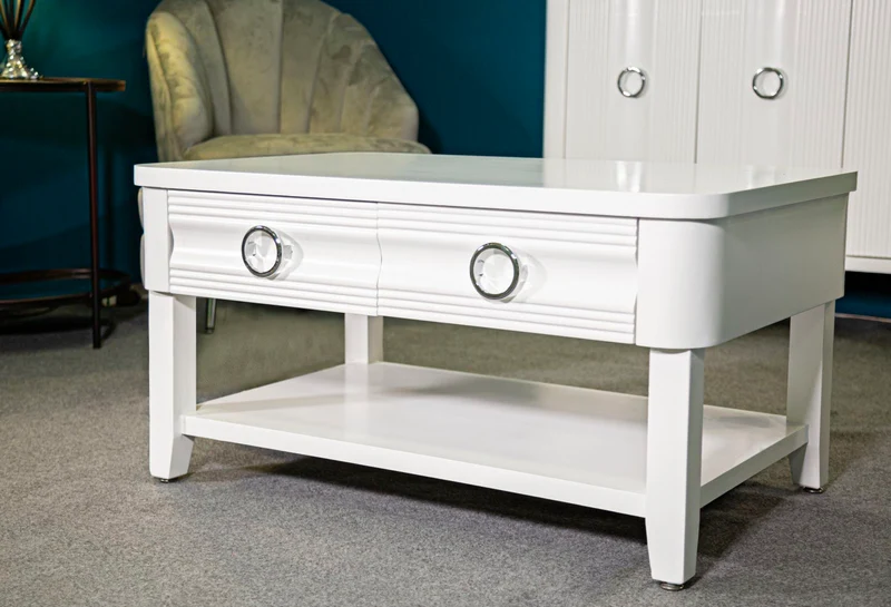 Tavolino da caffè 2 cassetti lavorati e ripiano in legno bianco cm 90x60x47h