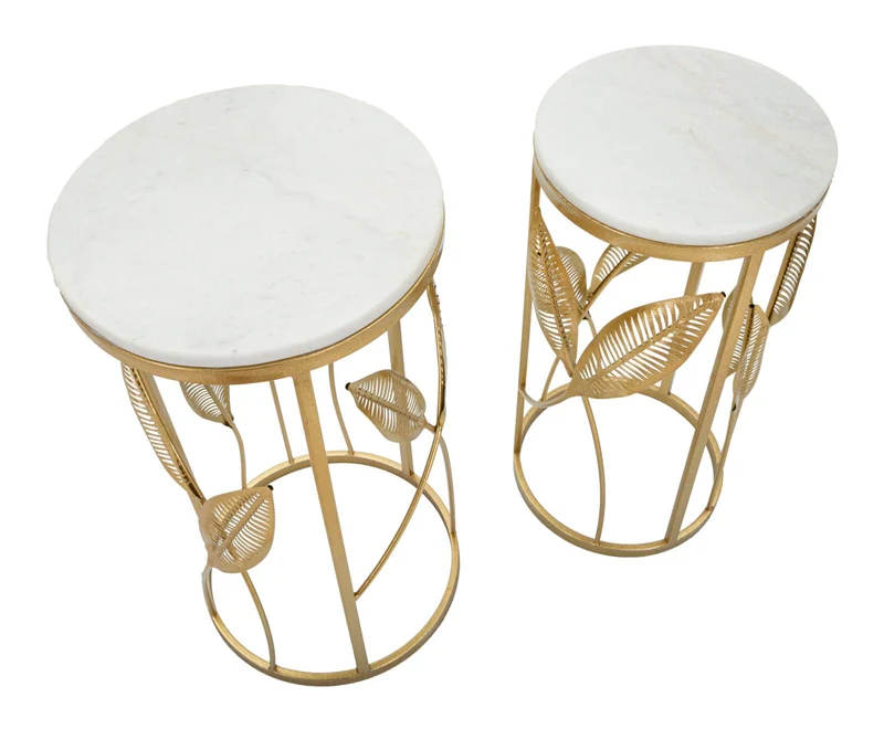 Set da 2 Tavolino da salotto in metallo dorato con foglie piano effetto marmo