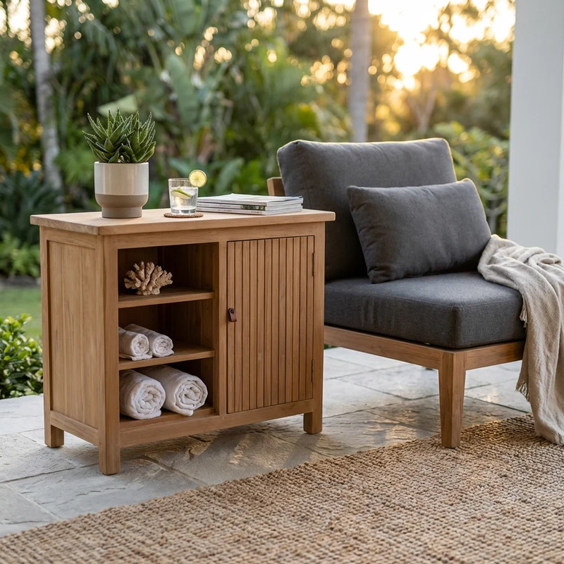Mobile contenitore da esterno in teak con ripiani e anta scorrevole - PEROVEX