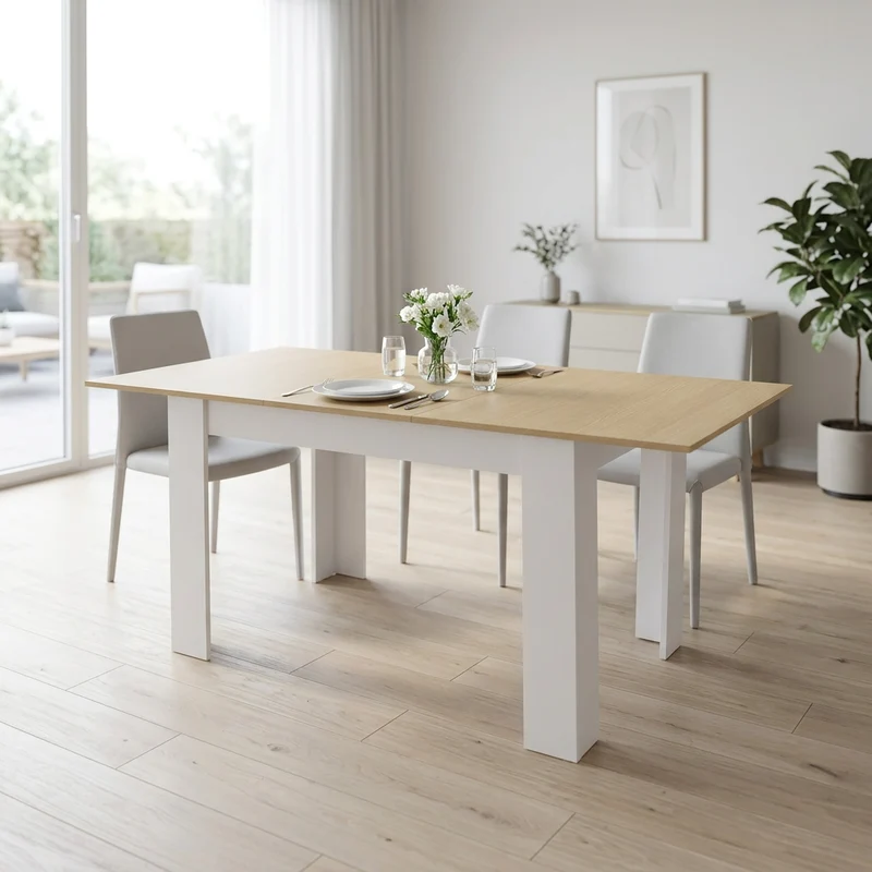 Tavolo allungabile in legno con piano rovere e gambe bianche - ISORTIS