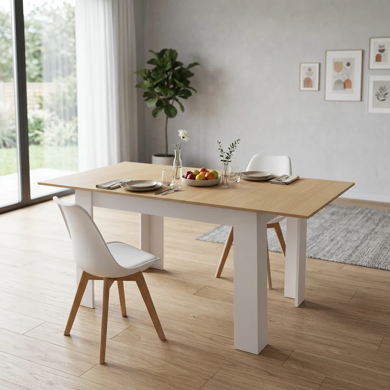 Tavolo allungabile in legno con piano rovere e gambe bianche - ISORTIS