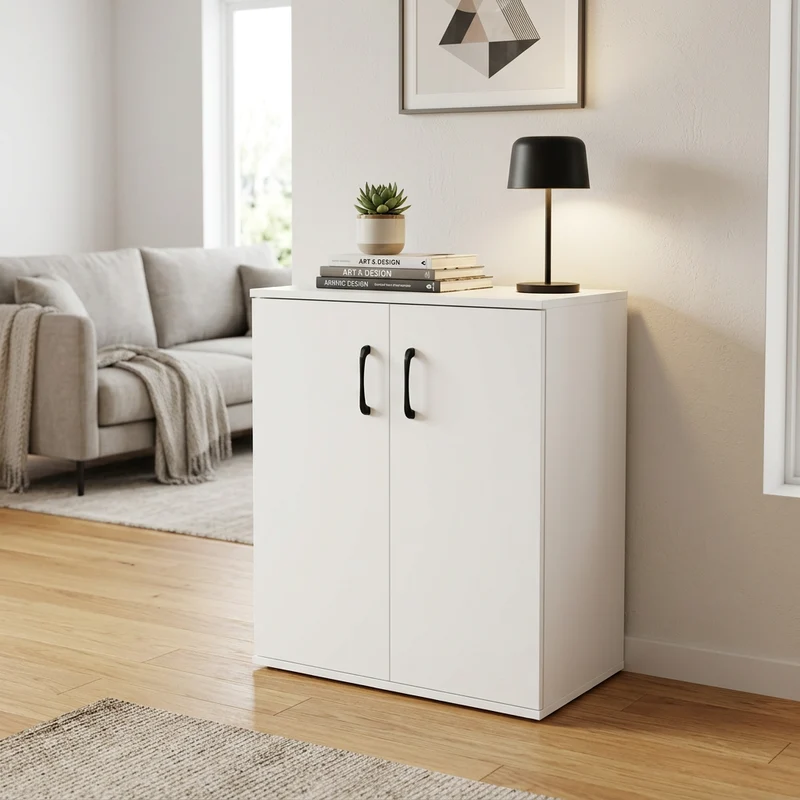 Credenza bassa in legno a 2 ante con maniglie nere 60x78 cm - RALINVEN