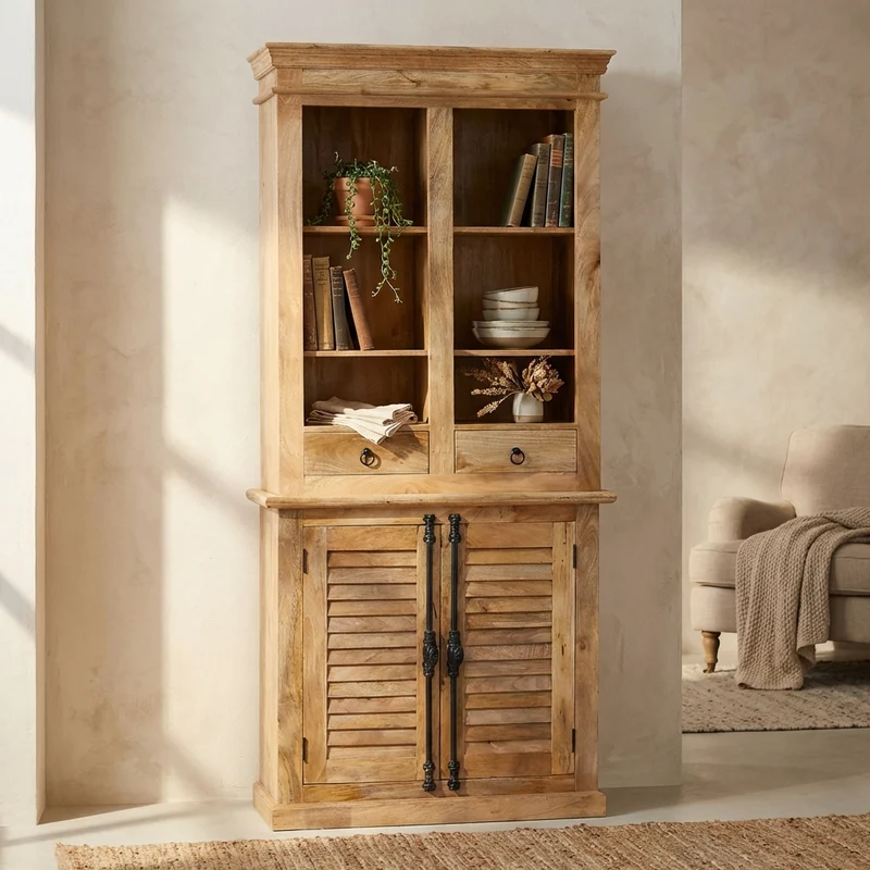 Credenza alta in legno di mango con ante e cassetti stile rustico - ALILIA