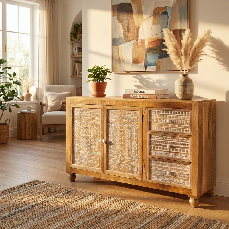 Credenza in legno di mango con ante intagliate e 3 cassetti - SELELVIA