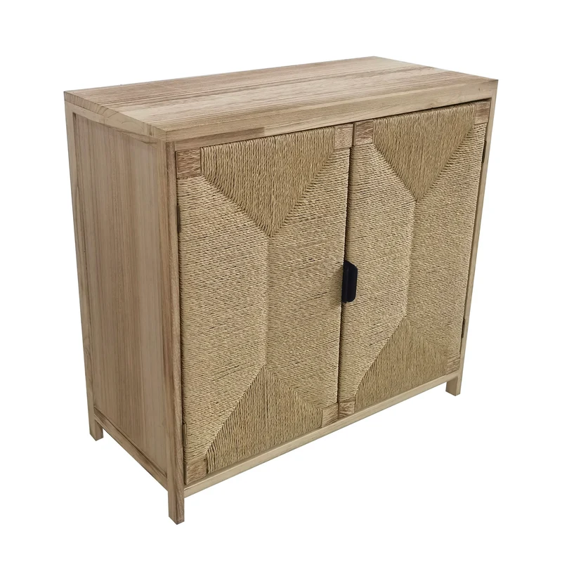 Mobiletto 2 ante in legno con frontali intrecciati in fibra naturale - PERONNOR