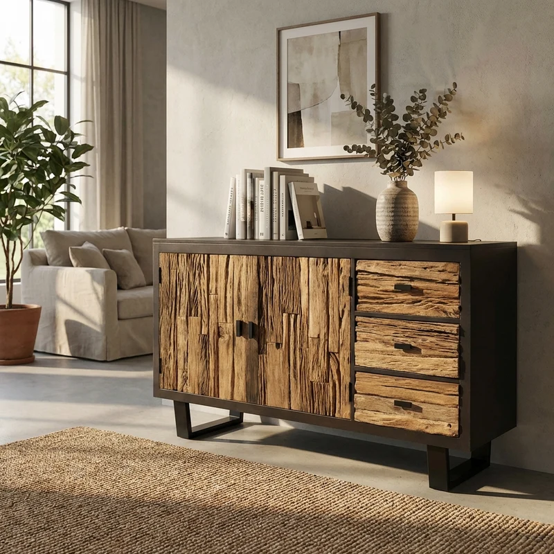 Credenza in legno rustico con 2 ante e 3 cassetti 160 cm - RALONRIEL