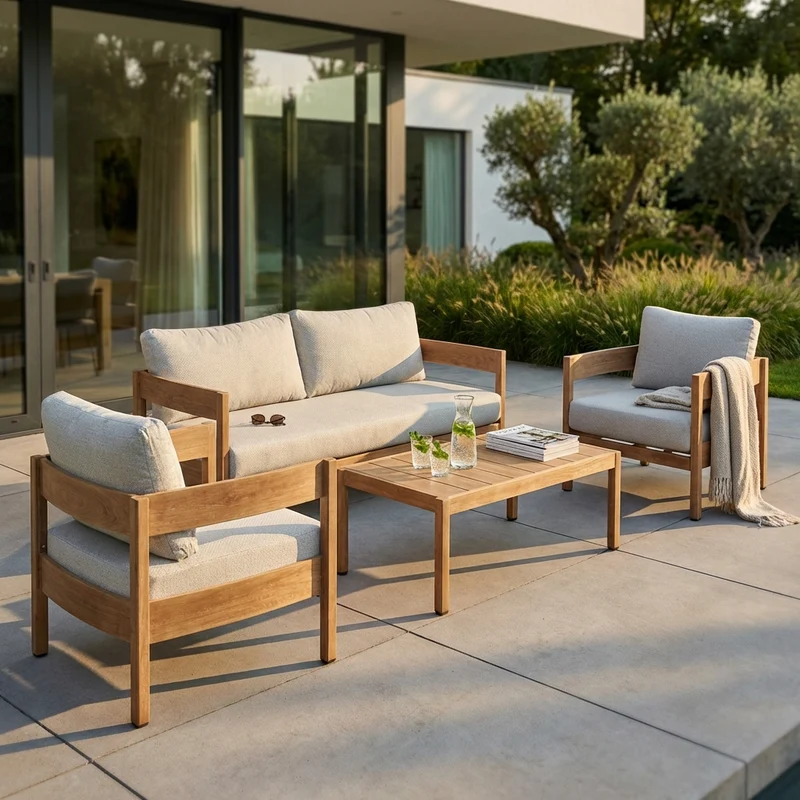 Set salotto da giardino in alluminio effetto legno con cuscini - ULULRIC