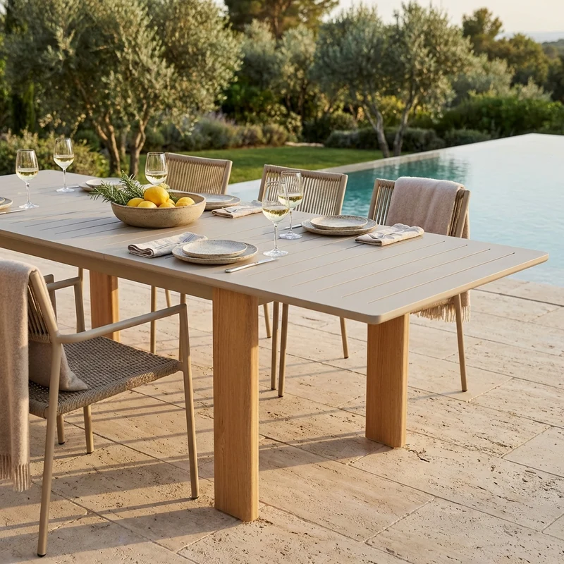 Tavolo da giardino allungabile in alluminio con gambe effetto legno - GALAMIRA