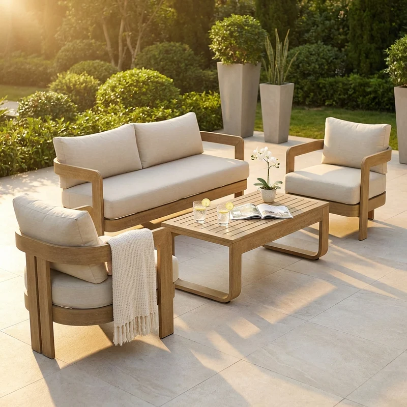 Salotto da giardino 5 posti in alluminio effetto legno con cuscini - FALULUNA