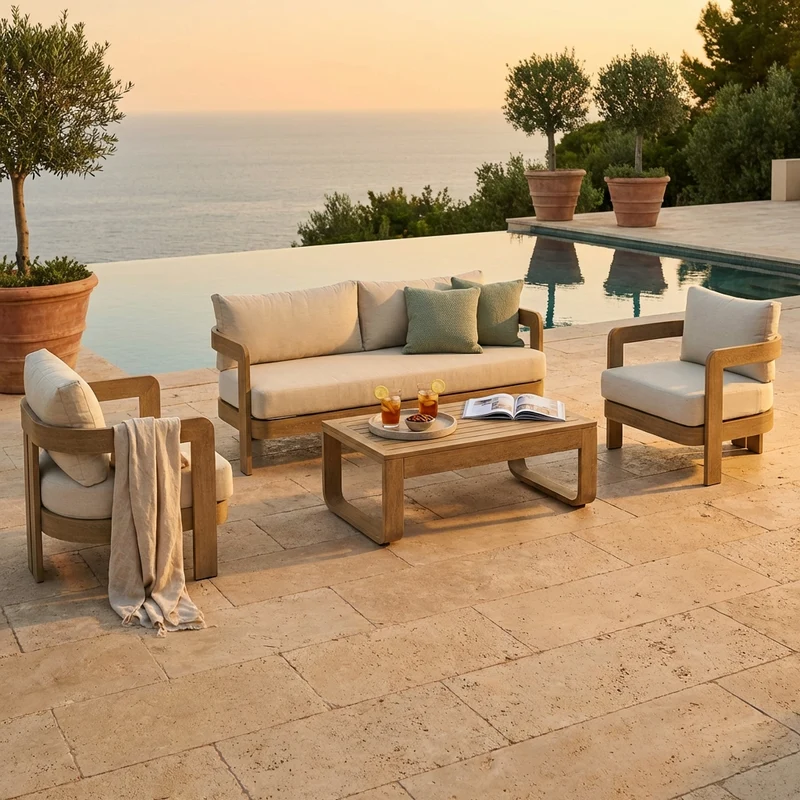 Salotto da giardino 5 posti in alluminio effetto legno con cuscini - FALULUNA