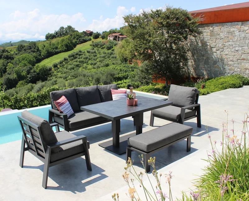 Salotto da giardino in alluminio con tavolo regolabile in altezza - YORUNDOR